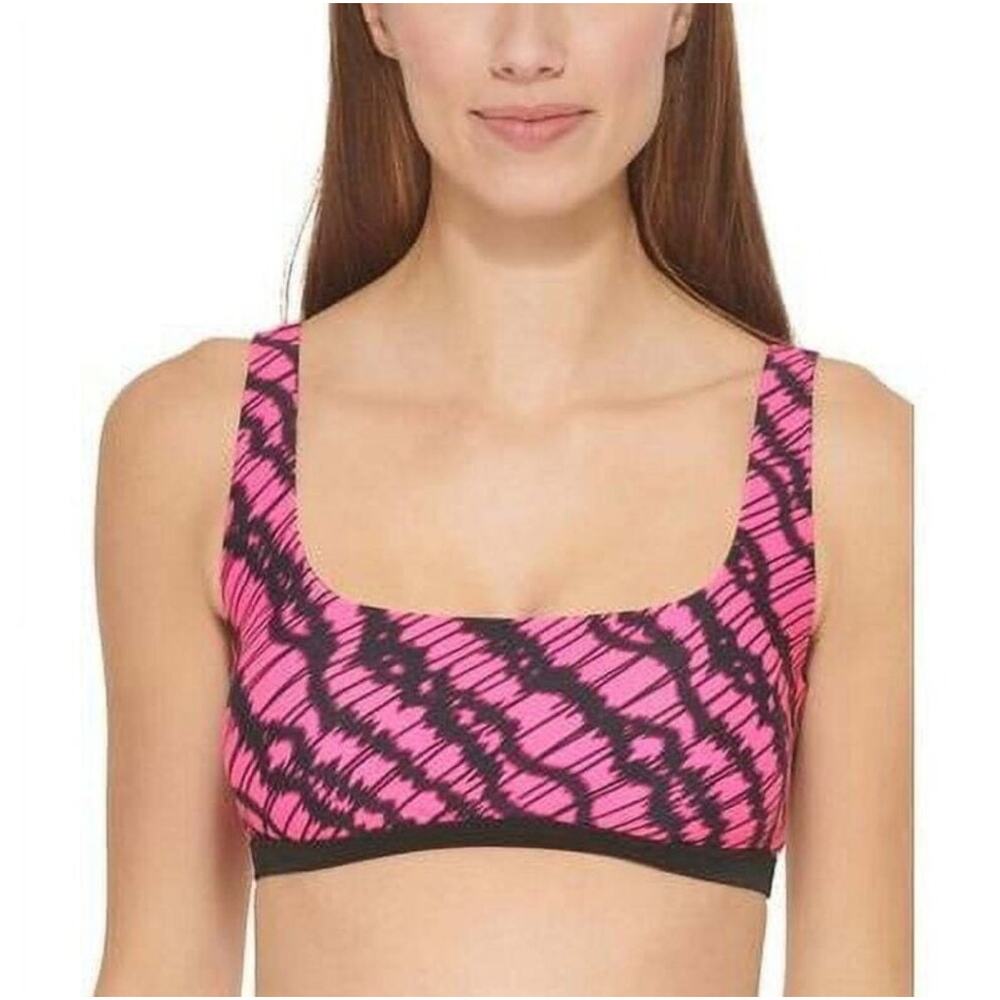 DKNY Bikini Top Size Small NWT Printed Square Neck Hot Pink Black Swim Sporty